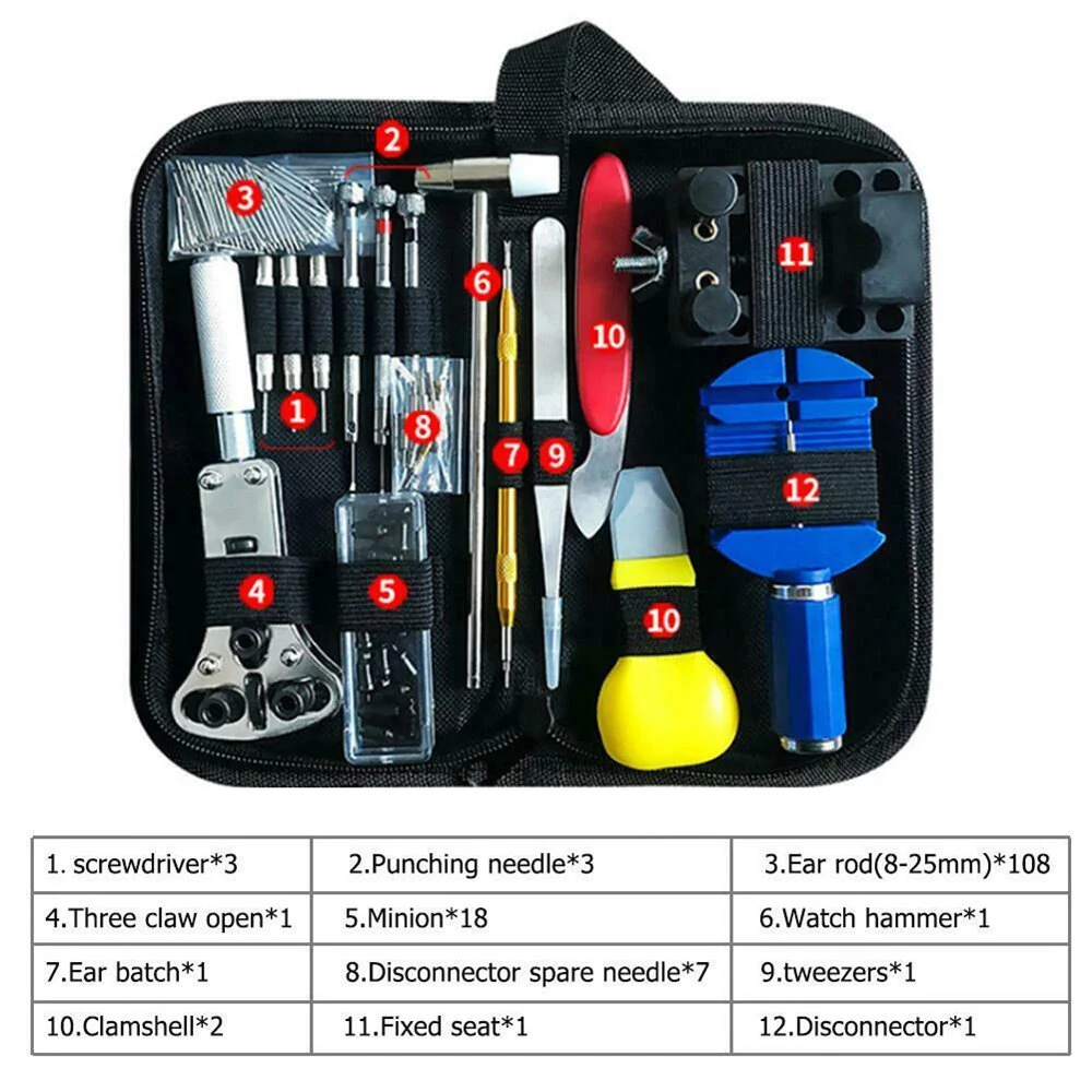 (image for) 147pcs Watch Repair Tool Kit Watch Link Pin Remover Shell Opener Spring Bar Remover Clock Battery Replacement Strap Needle Set Accessor