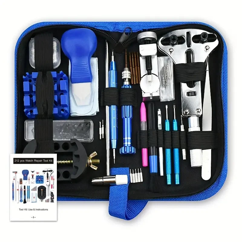 (image for) 212pcs Watch Repair Tool Kit - Aluminum Alloy Watchmaker Set with Pry Knife, Screwdrivers, Pin Hammer, Band Link Tools for Watch Repairs