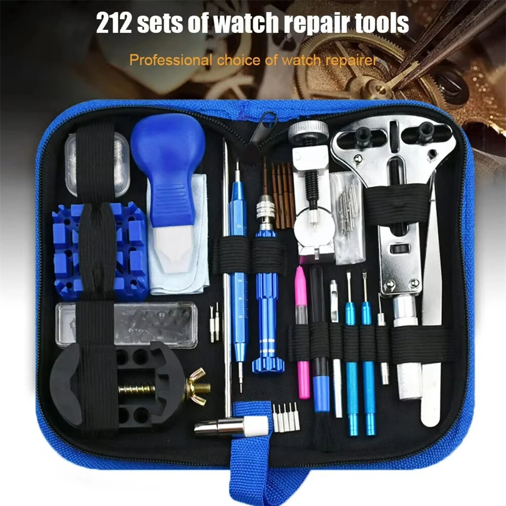 (image for) 212pcs Watch Repair Tool Kit - Aluminum Alloy Watchmaker Set with Pry Knife, Screwdrivers, Pin Hammer, Band Link Tools for Watch Repairs