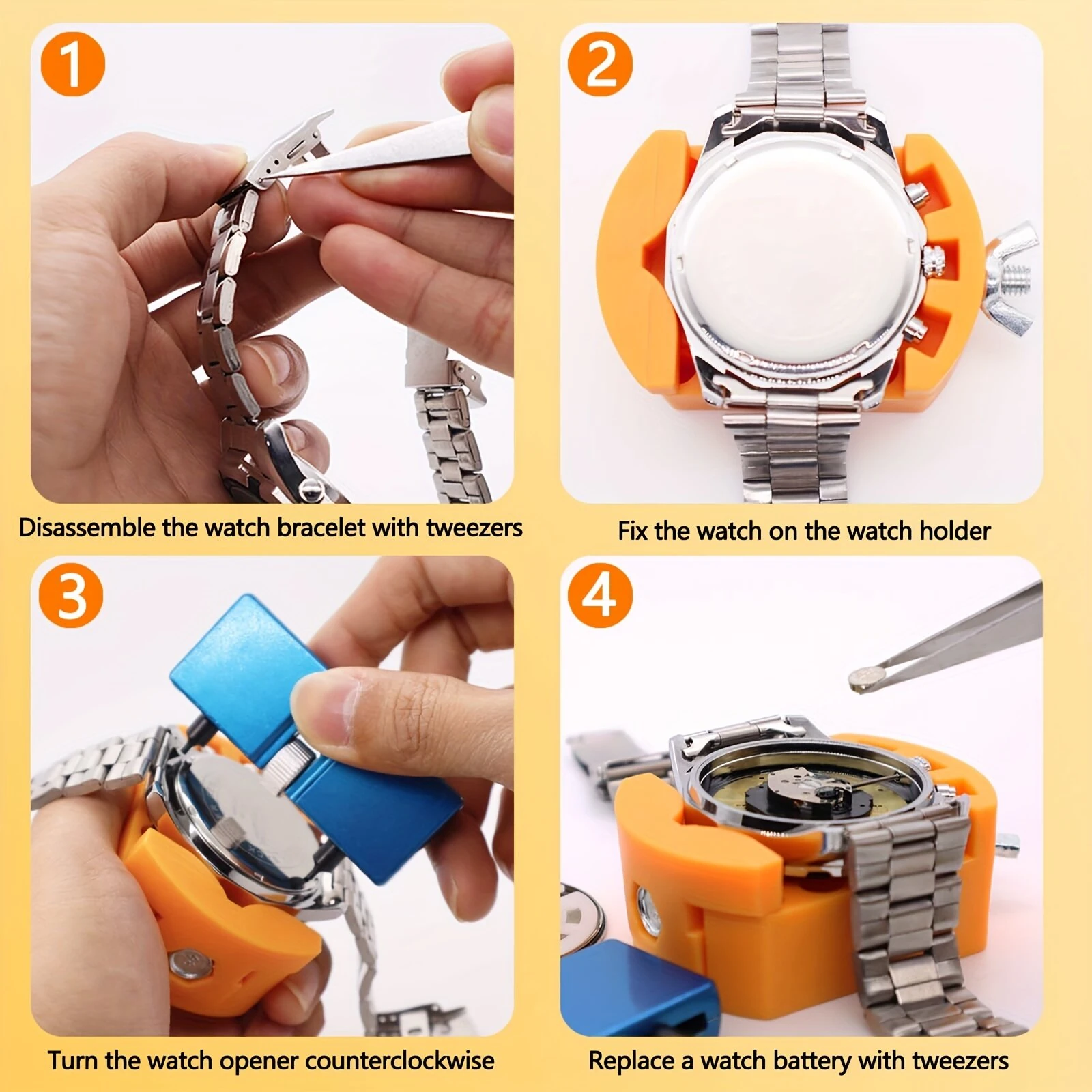 (image for) 3 PCS Watch Repair Tool Set Watch Wrench Back Remover Tool Adjustable Opener Back Case Remover Watch Case Back Opener Set Repair Remover Holder Base, Tweezers