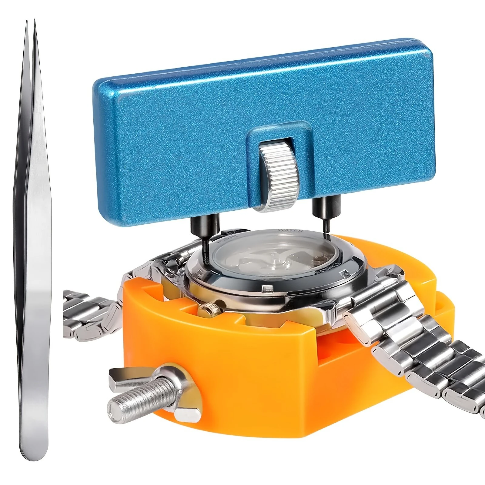 (image for) 3 PCS Watch Repair Tool Set Watch Wrench Back Remover Tool Adjustable Opener Back Case Remover Watch Case Back Opener Set Repair Remover Holder Base, Tweezers
