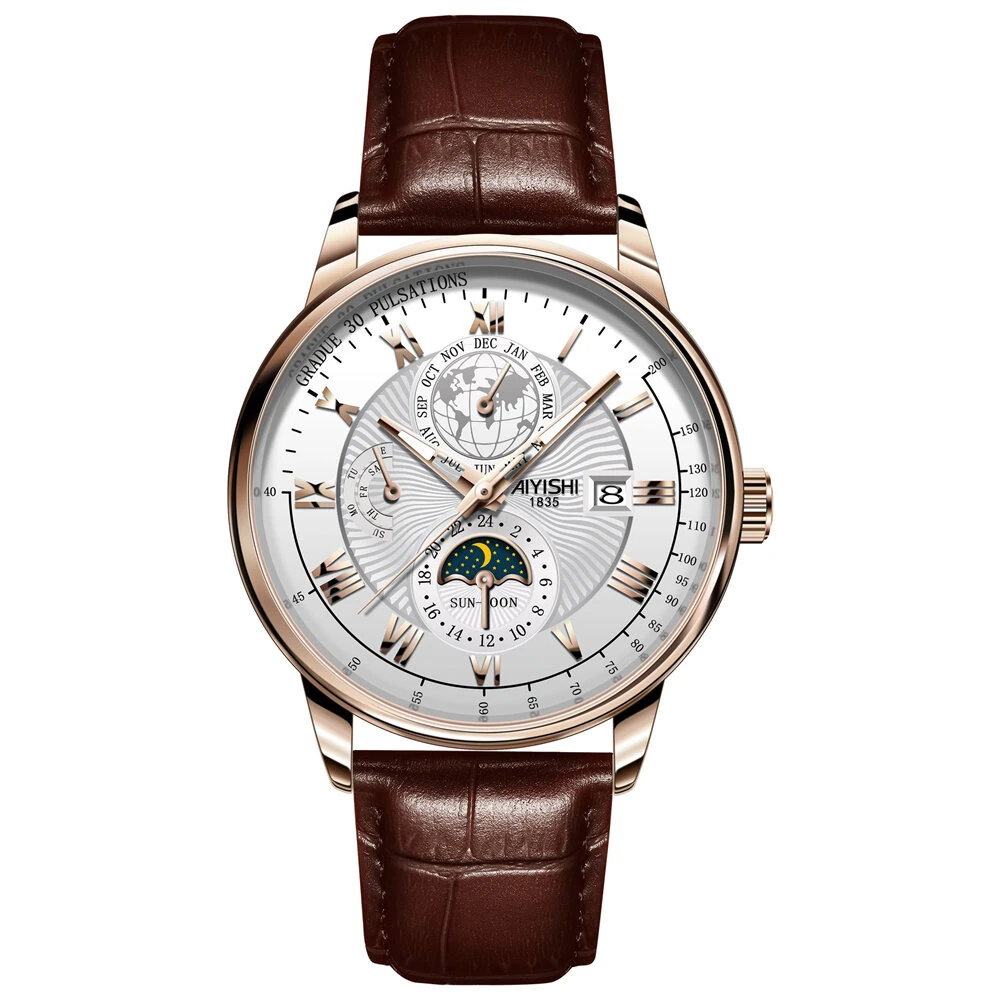 (image for) AIYISHI Men Business Luxury Quartz Watch Luminous Single Date Round Dial PU Leather Strap Watches Men's Sport Watch