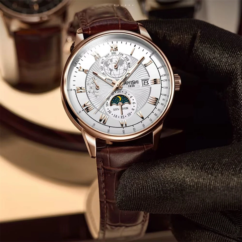 (image for) AIYISHI Men Business Luxury Quartz Watch Luminous Single Date Round Dial PU Leather Strap Watches Men's Sport Watch