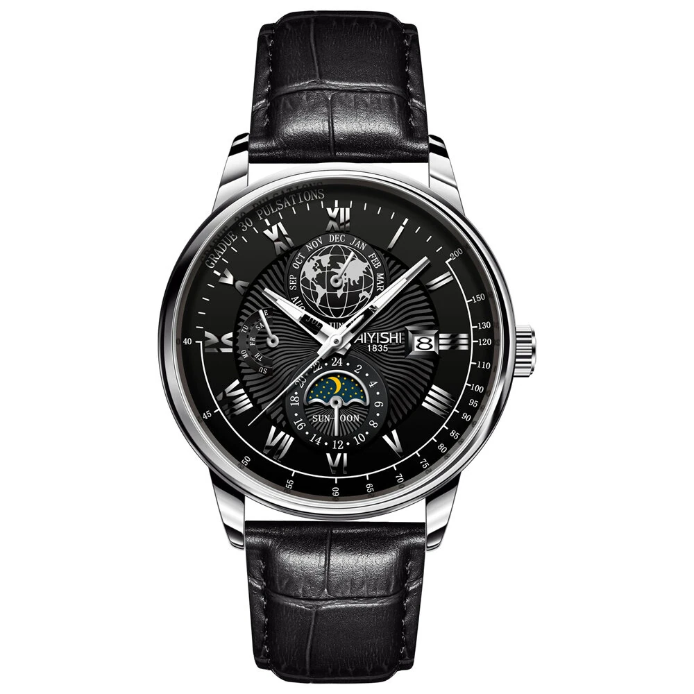 (image for) AIYISHI Men Business Luxury Quartz Watch Luminous Single Date Round Dial PU Leather Strap Watches Men's Sport Watch