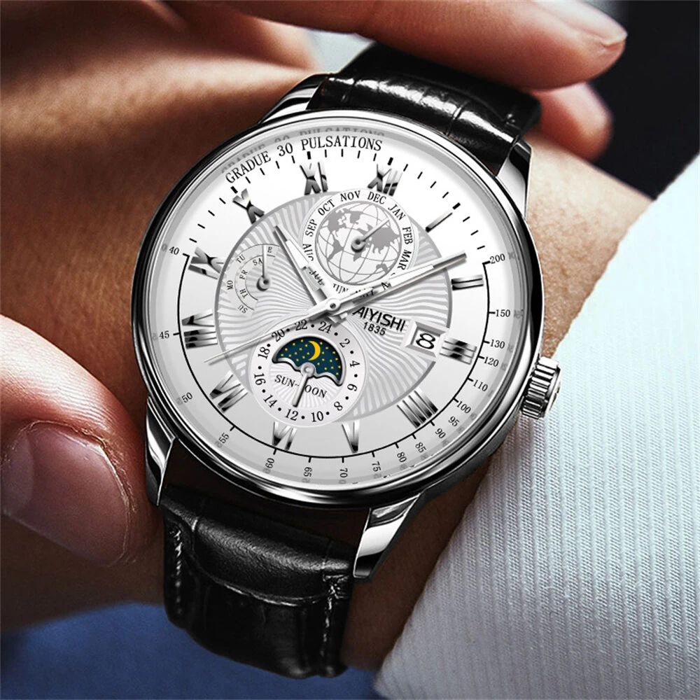 (image for) AIYISHI Men Business Luxury Quartz Watch Luminous Single Date Round Dial PU Leather Strap Watches Men's Sport Watch
