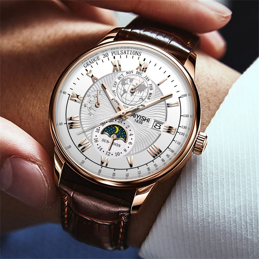 (image for) AIYISHI Men Business Luxury Quartz Watch Luminous Single Date Round Dial PU Leather Strap Watches Men's Sport Watch