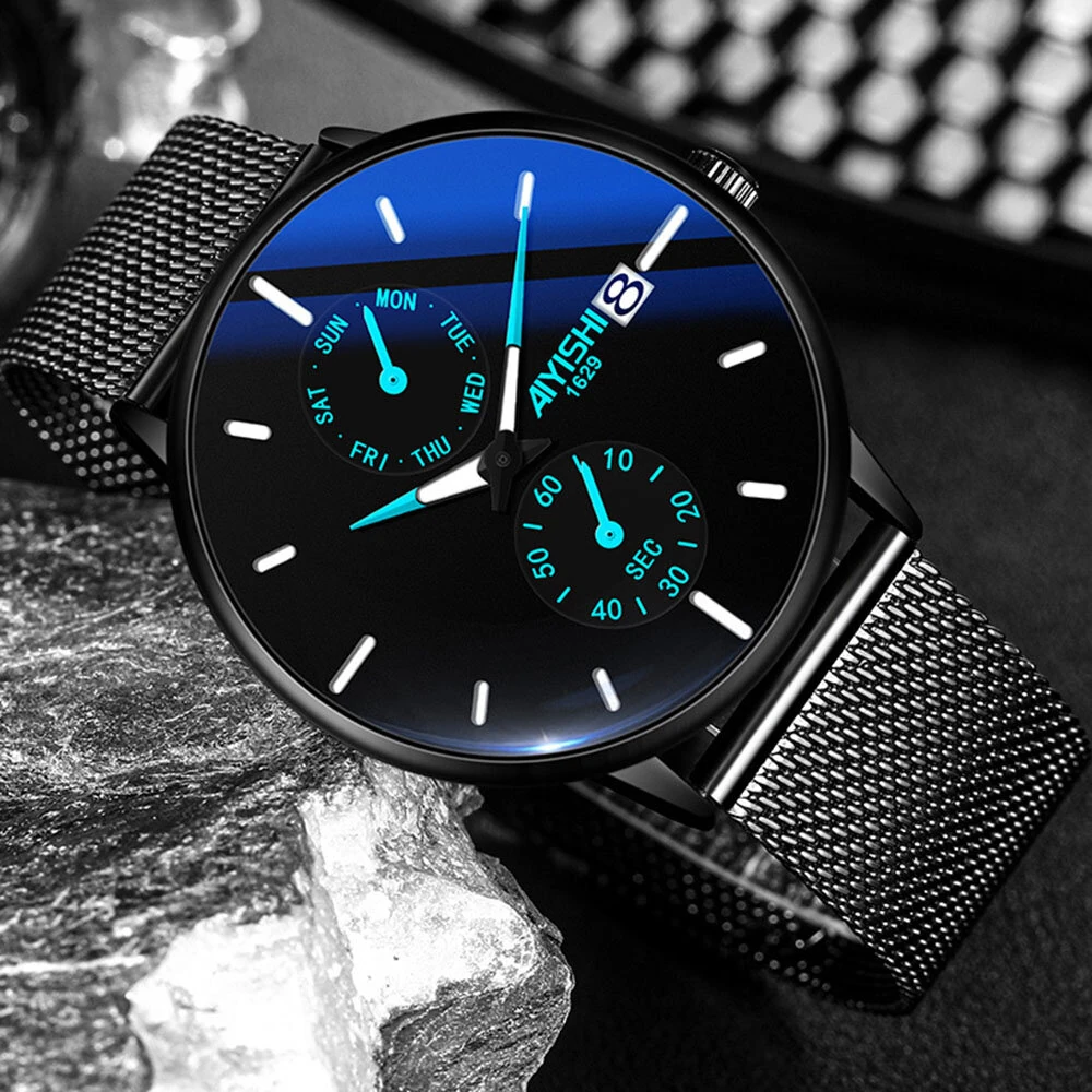 (image for) AIYISHI Men Simple Luxury Fashion Quartz Watch Luminous Waterproof Watch Stainless Steel Mesh Strap Sport Watch Fashion Wrist Watches