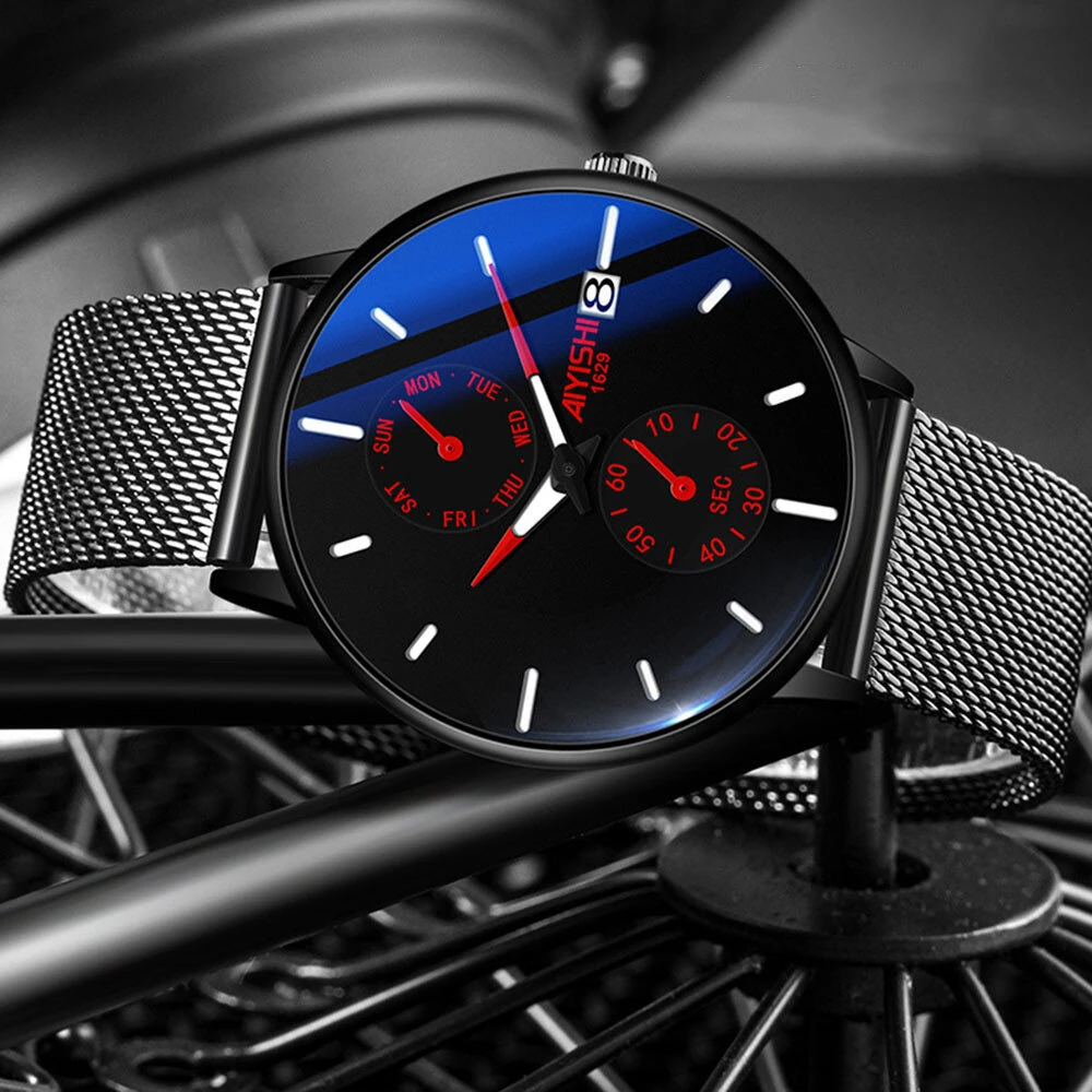 (image for) AIYISHI Men Simple Luxury Fashion Quartz Watch Luminous Waterproof Watch Stainless Steel Mesh Strap Sport Watch Fashion Wrist Watches