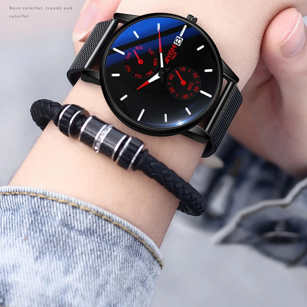 (image for) AIYISHI Men Simple Luxury Fashion Quartz Watch Luminous Waterproof Watch Stainless Steel Mesh Strap Sport Watch Fashion Wrist Watches
