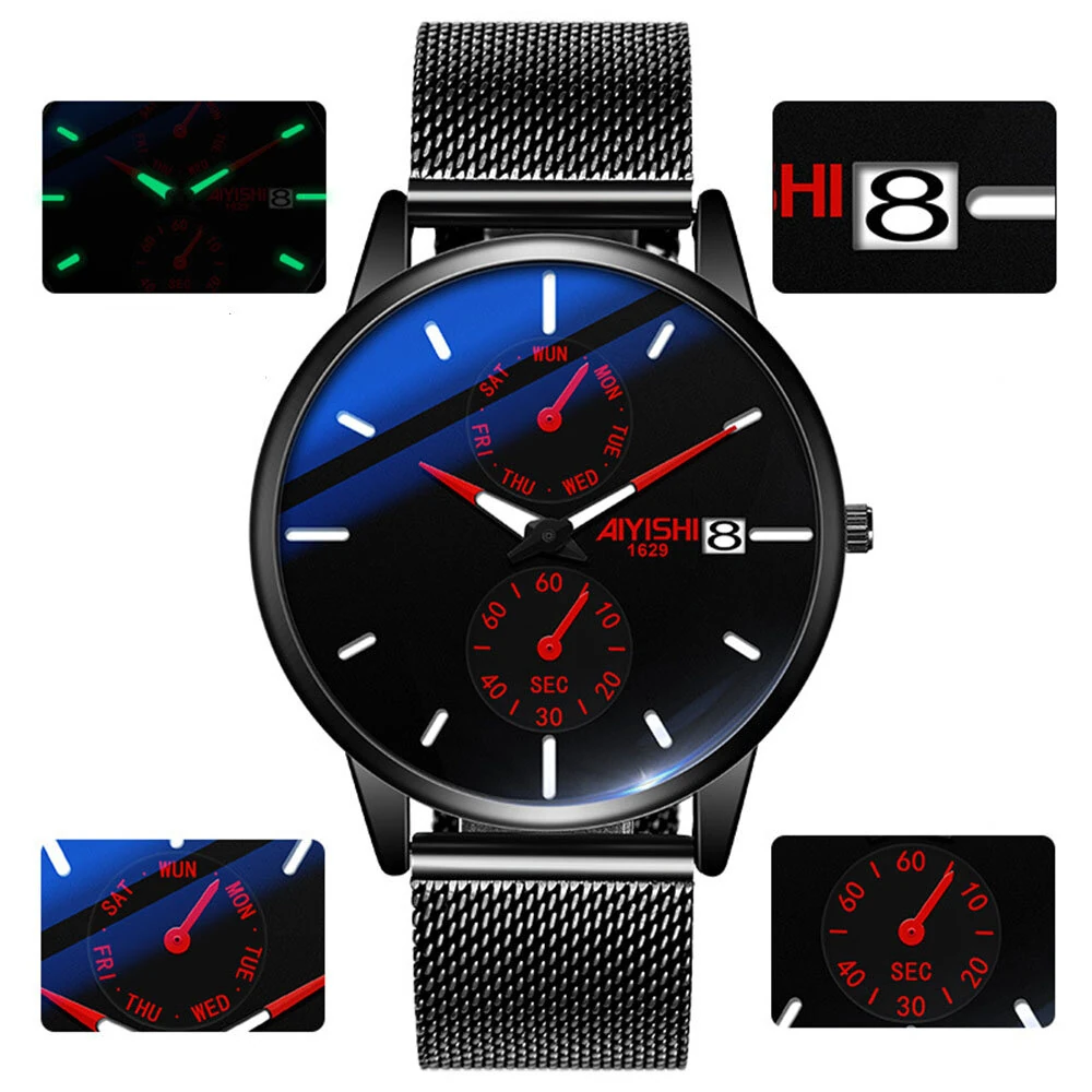 (image for) AIYISHI Men Simple Luxury Fashion Quartz Watch Luminous Waterproof Watch Stainless Steel Mesh Strap Sport Watch Fashion Wrist Watches