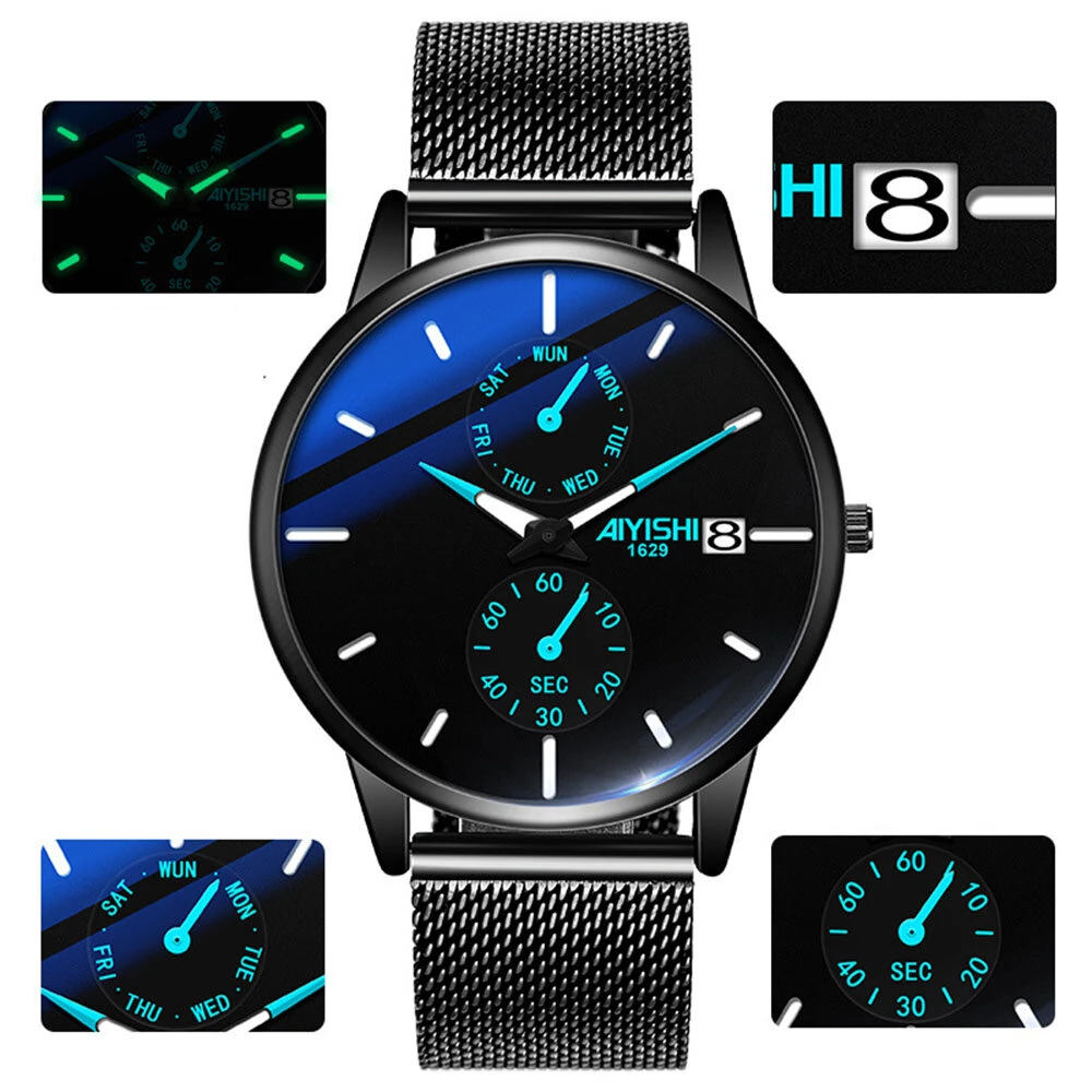 (image for) AIYISHI Men Simple Luxury Fashion Quartz Watch Luminous Waterproof Watch Stainless Steel Mesh Strap Sport Watch Fashion Wrist Watches