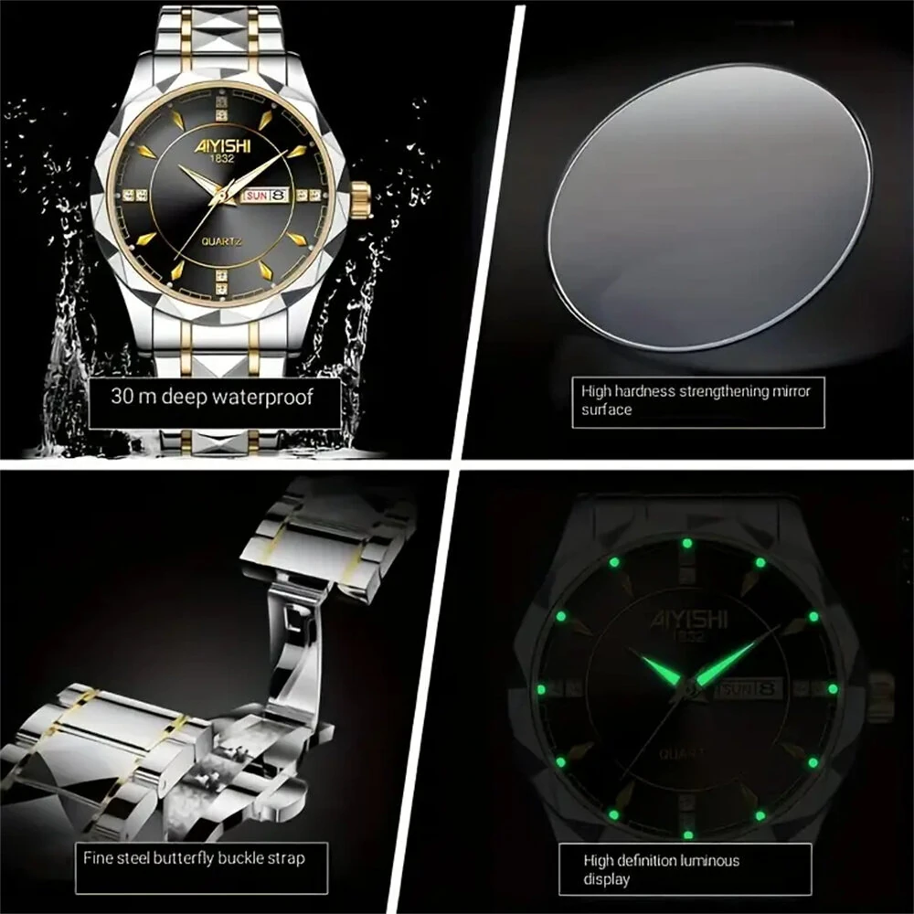 (image for) AIYISHI Men Watches Luxury Brand Luminous Waterproof Business Watch Stainless Steel Strap Quartz Watch