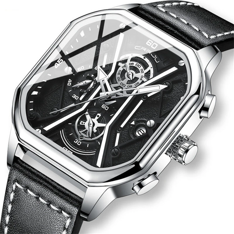 (image for) CRRJU Fashion Square Men's Watches Bussiness Quartz Watch Luxury Leather Wristwatch Waterproof Chronograph Sports Watch