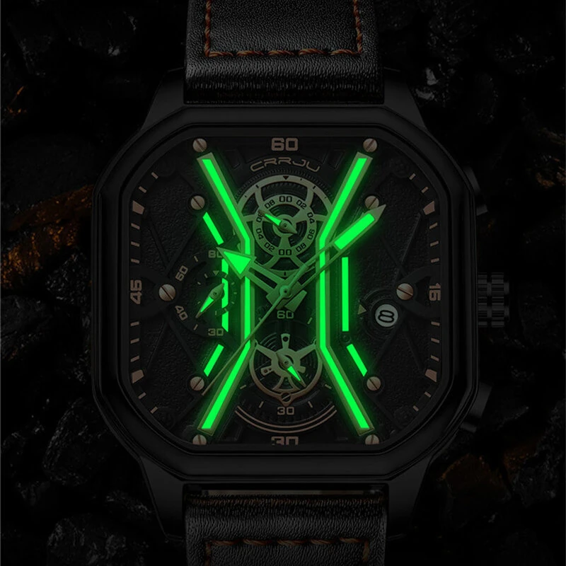 (image for) CRRJU Fashion Square Men's Watches Bussiness Quartz Watch Luxury Leather Wristwatch Waterproof Chronograph Sports Watch