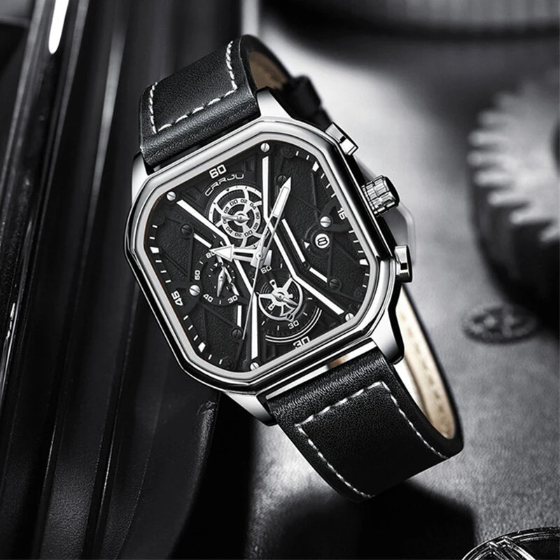 (image for) CRRJU Fashion Square Men's Watches Bussiness Quartz Watch Luxury Leather Wristwatch Waterproof Chronograph Sports Watch