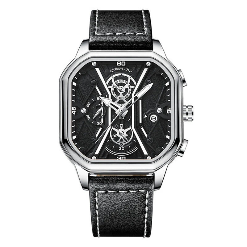 (image for) CRRJU Fashion Square Men's Watches Bussiness Quartz Watch Luxury Leather Wristwatch Waterproof Chronograph Sports Watch