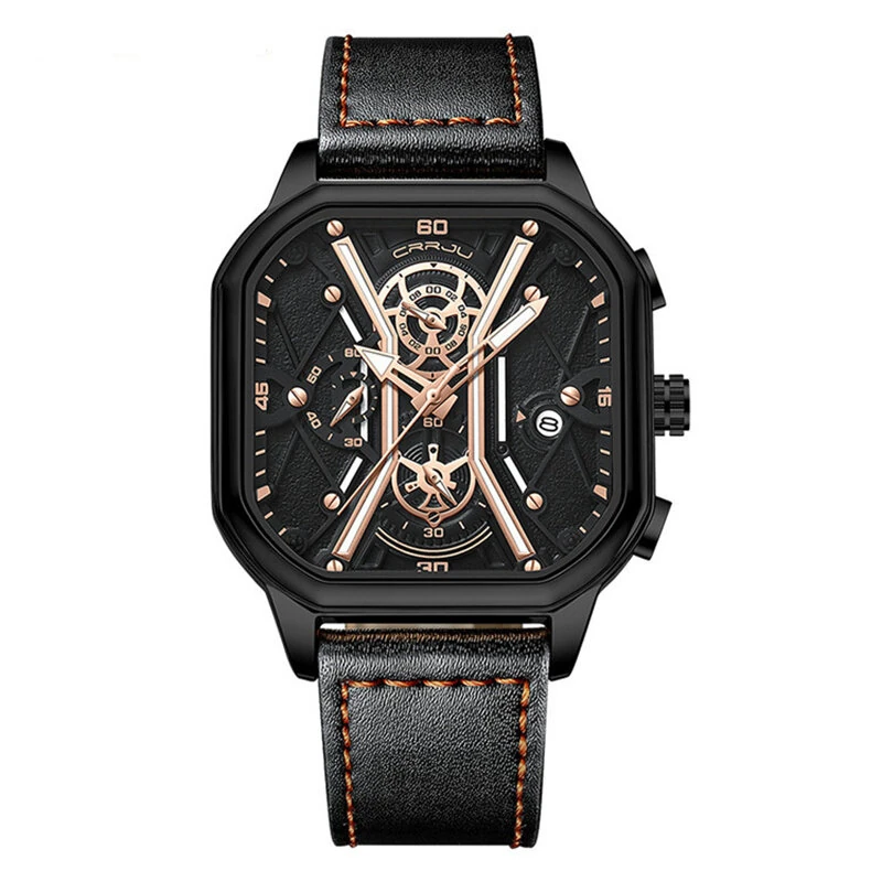 (image for) CRRJU Fashion Square Men's Watches Bussiness Quartz Watch Luxury Leather Wristwatch Waterproof Chronograph Sports Watch