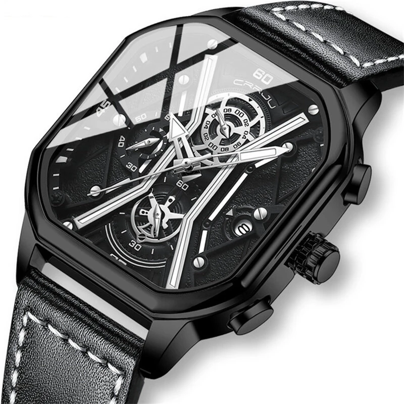 (image for) CRRJU Fashion Square Men's Watches Bussiness Quartz Watch Luxury Leather Wristwatch Waterproof Chronograph Sports Watch