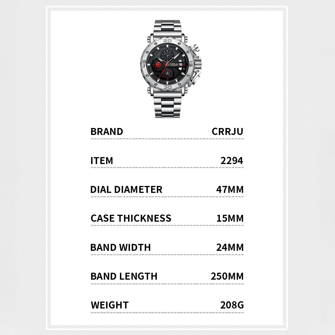 (image for) CRRJU Men's Quartz Chronograph Watch Stainless Steel Strap Waterproof Large Dial Luminous Sport Wristwatch with Date Function