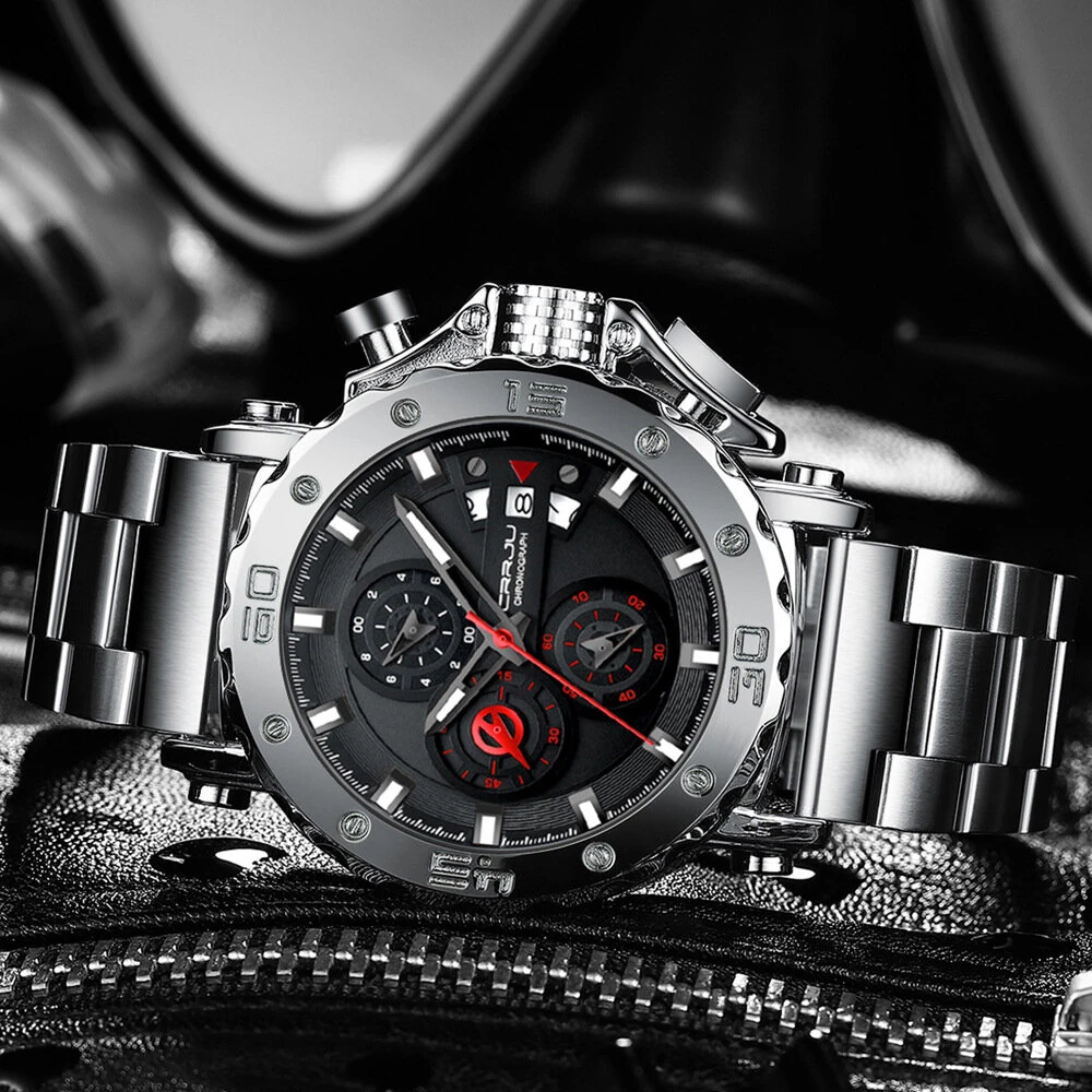 (image for) CRRJU Men's Quartz Chronograph Watch Stainless Steel Strap Waterproof Large Dial Luminous Sport Wristwatch with Date Function