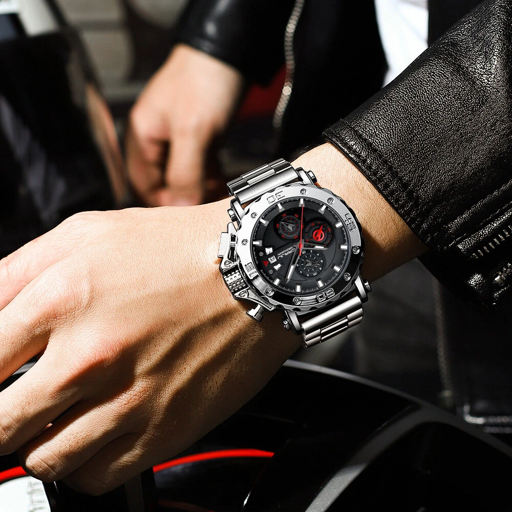 (image for) CRRJU Men's Quartz Chronograph Watch Stainless Steel Strap Waterproof Large Dial Luminous Sport Wristwatch with Date Function