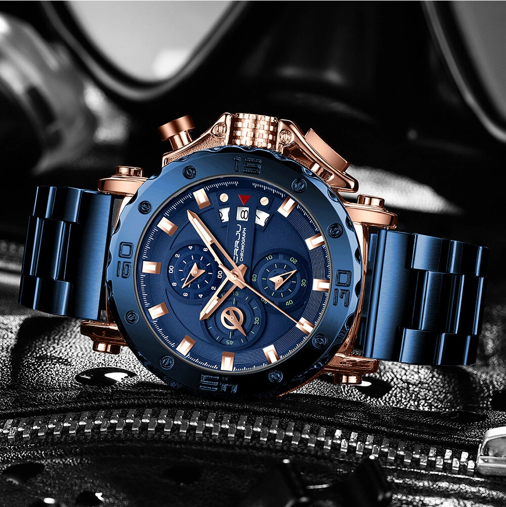(image for) CRRJU Men's Quartz Chronograph Watch Stainless Steel Strap Waterproof Large Dial Luminous Sport Wristwatch with Date Function