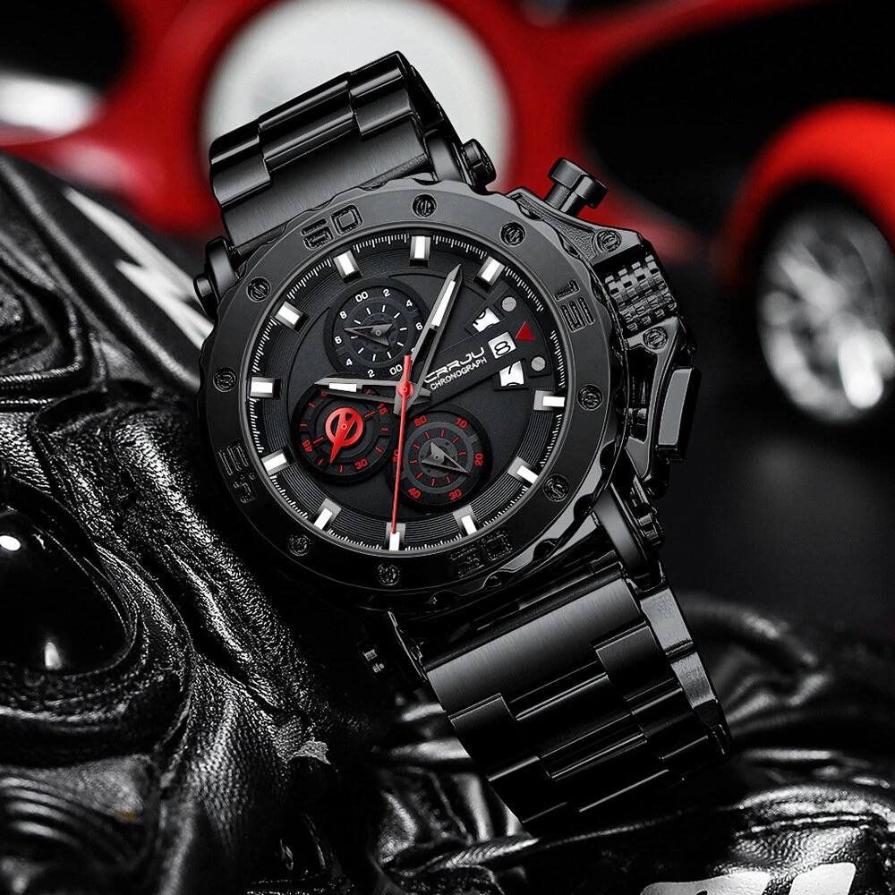(image for) CRRJU Men's Quartz Chronograph Watch Stainless Steel Strap Waterproof Large Dial Luminous Sport Wristwatch with Date Function