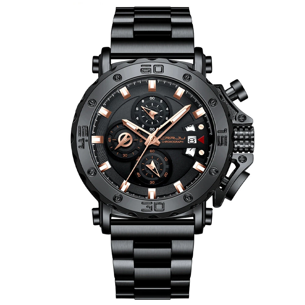 (image for) CRRJU Men's Quartz Chronograph Watch Stainless Steel Strap Waterproof Large Dial Luminous Sport Wristwatch with Date Function