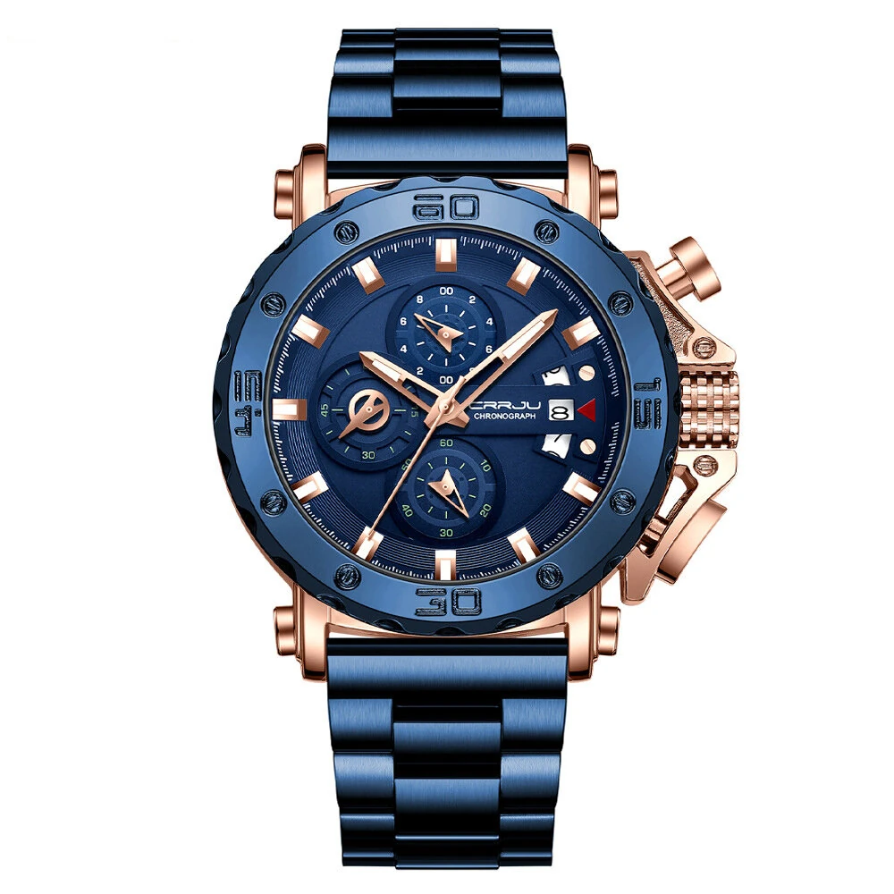 (image for) CRRJU Men's Quartz Chronograph Watch Stainless Steel Strap Waterproof Large Dial Luminous Sport Wristwatch with Date Function