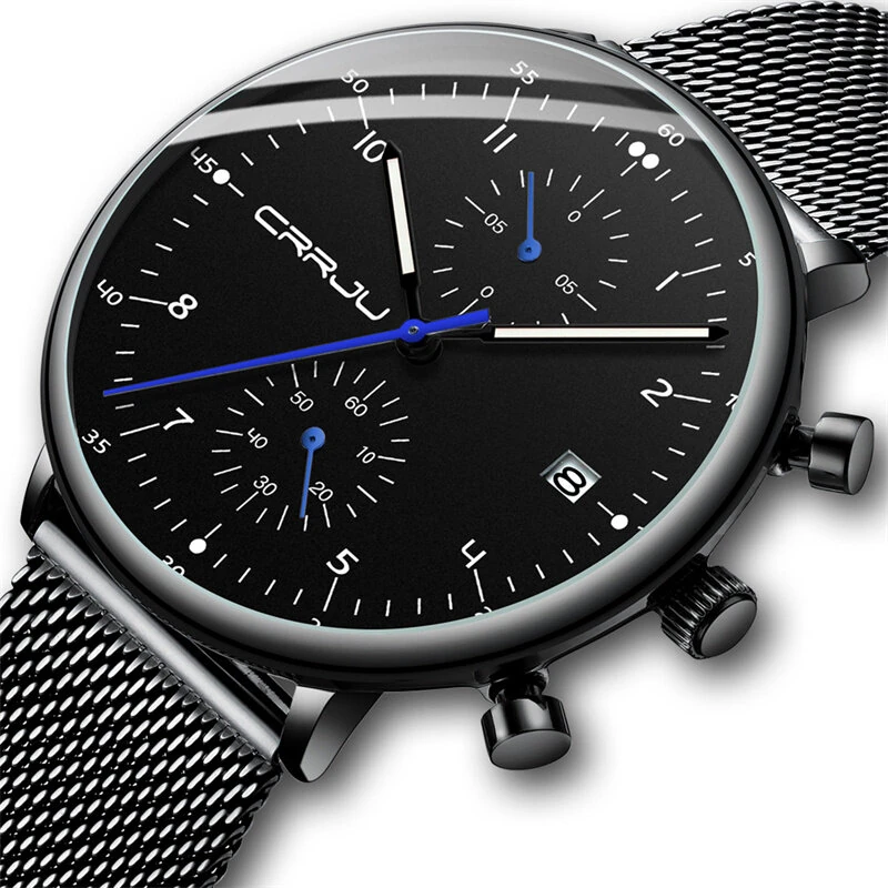 (image for) CRRJU Men's Watches Luxury Fashion Large Dial Watches Stainless Steel Quartz Watch Waterproof Chronograph Business Casual Wristwatch