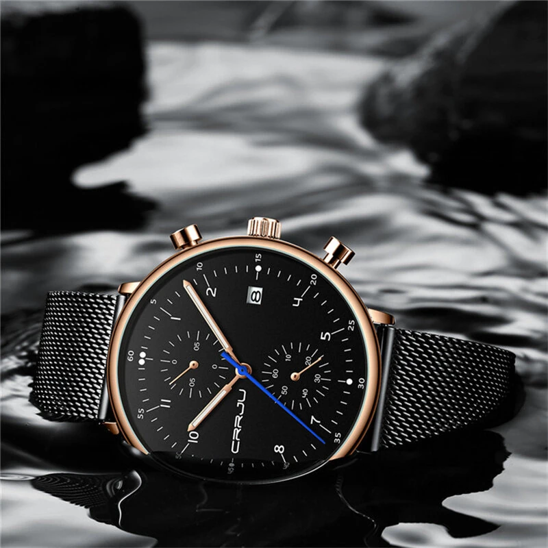 (image for) CRRJU Men's Watches Luxury Fashion Large Dial Watches Stainless Steel Quartz Watch Waterproof Chronograph Business Casual Wristwatch