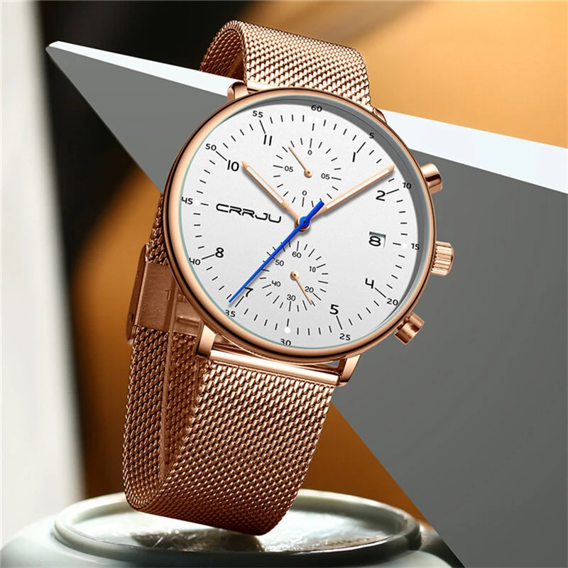 (image for) CRRJU Men's Watches Luxury Fashion Large Dial Watches Stainless Steel Quartz Watch Waterproof Chronograph Business Casual Wristwatch