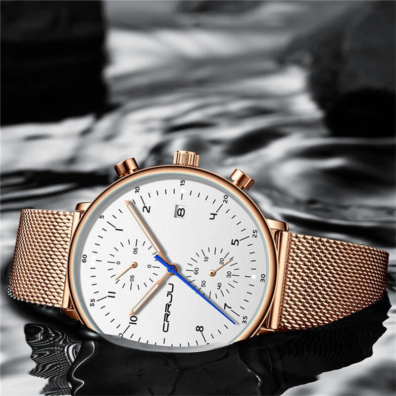 (image for) CRRJU Men's Watches Luxury Fashion Large Dial Watches Stainless Steel Quartz Watch Waterproof Chronograph Business Casual Wristwatch