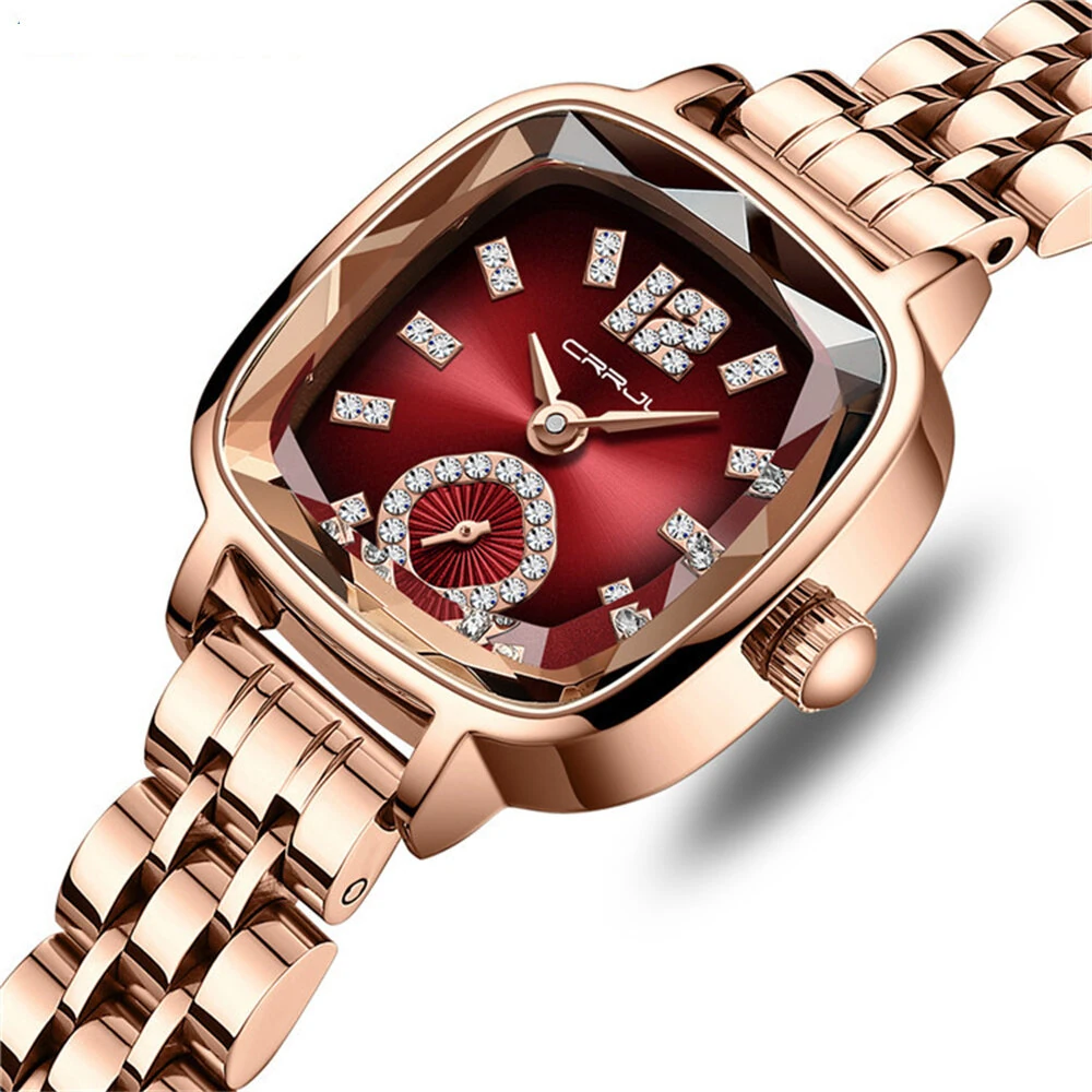 (image for) CRRJU Stainless Steel Women Watch Square Luxury Rhinestone Quartz Watch Business Waterproof Fashion Wrist Watch