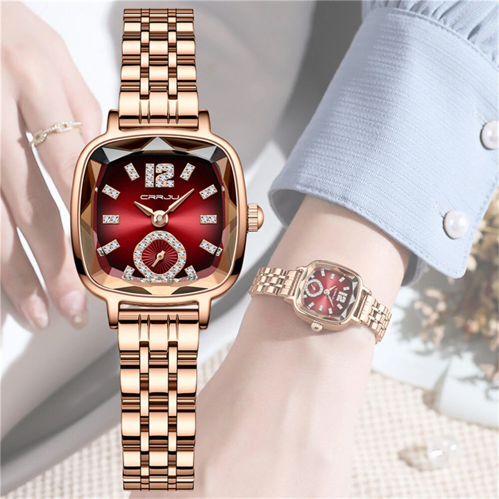 (image for) CRRJU Stainless Steel Women Watch Square Luxury Rhinestone Quartz Watch Business Waterproof Fashion Wrist Watch