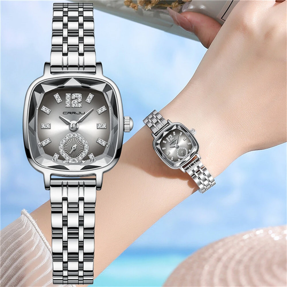 (image for) CRRJU Stainless Steel Women Watch Square Luxury Rhinestone Quartz Watch Business Waterproof Fashion Wrist Watch