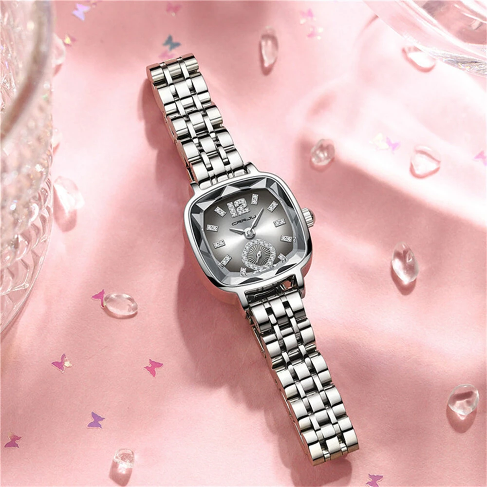 (image for) CRRJU Stainless Steel Women Watch Square Luxury Rhinestone Quartz Watch Business Waterproof Fashion Wrist Watch
