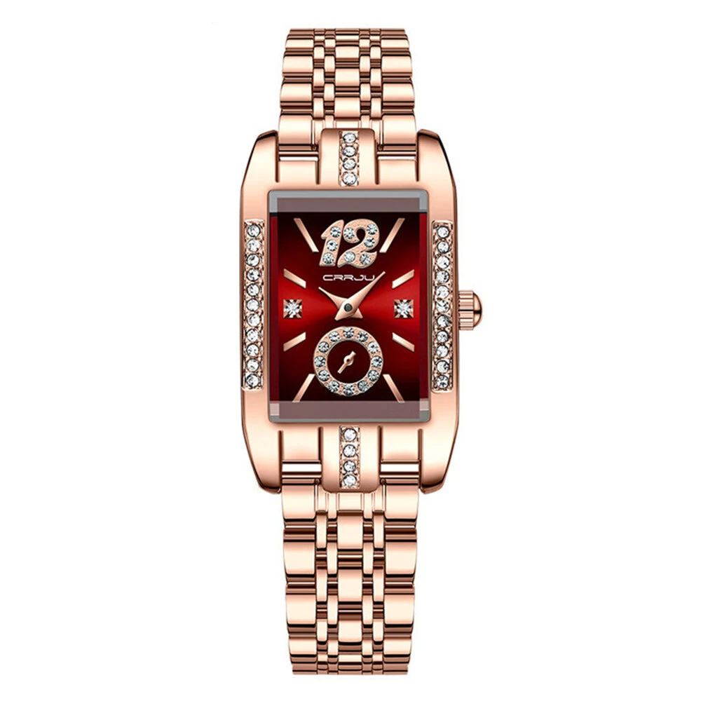 (image for) CRRJU Women's Quartz Watch Elegant Rhinestone Rectangular Dial Waterproof Stainless Steel Strap Luminous Design Perfect for Business and Fashion Use Stylish Women Watch Ideal for Everyday Wea