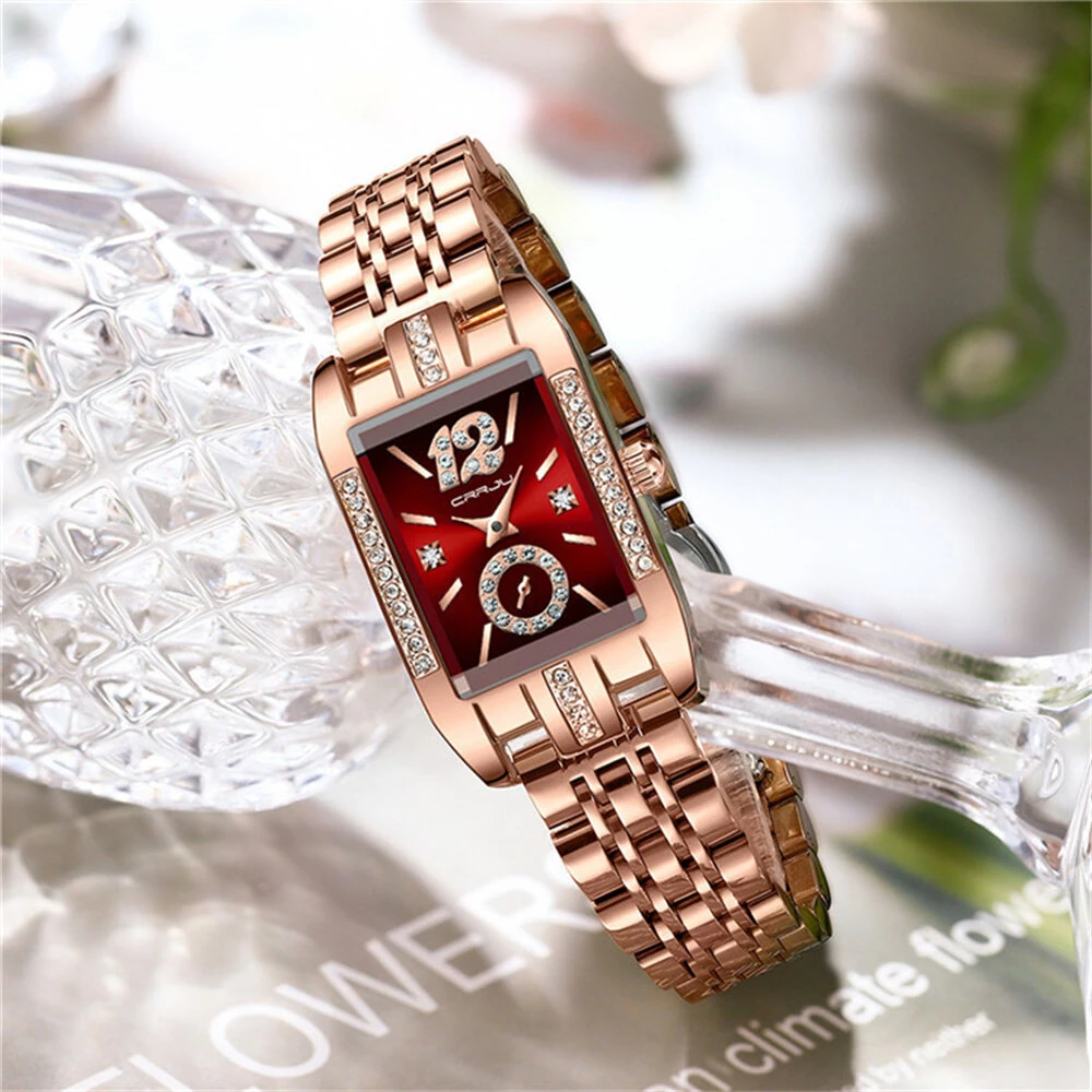 (image for) CRRJU Women's Quartz Watch Elegant Rhinestone Rectangular Dial Waterproof Stainless Steel Strap Luminous Design Perfect for Business and Fashion Use Stylish Women Watch Ideal for Everyday Wea