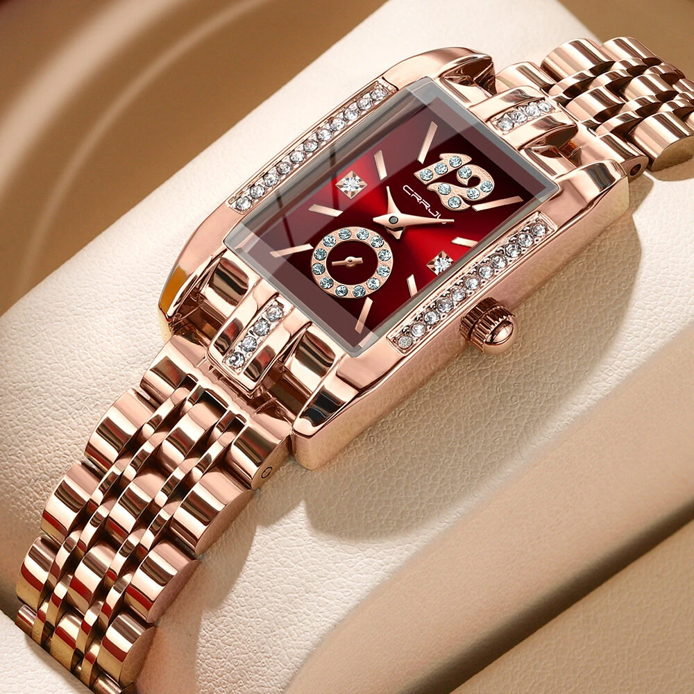 (image for) CRRJU Women's Quartz Watch Elegant Rhinestone Rectangular Dial Waterproof Stainless Steel Strap Luminous Design Perfect for Business and Fashion Use Stylish Women Watch Ideal for Everyday Wea