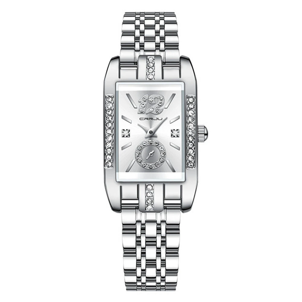 (image for) CRRJU Women's Quartz Watch Elegant Rhinestone Rectangular Dial Waterproof Stainless Steel Strap Luminous Design Perfect for Business and Fashion Use Stylish Women Watch Ideal for Everyday Wea