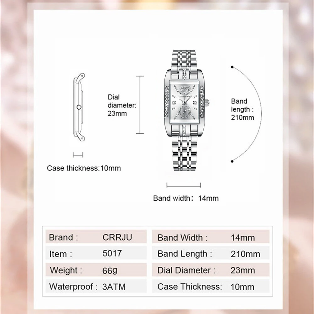 (image for) CRRJU Women's Quartz Watch Elegant Rhinestone Rectangular Dial Waterproof Stainless Steel Strap Luminous Design Perfect for Business and Fashion Use Stylish Women Watch Ideal for Everyday Wea