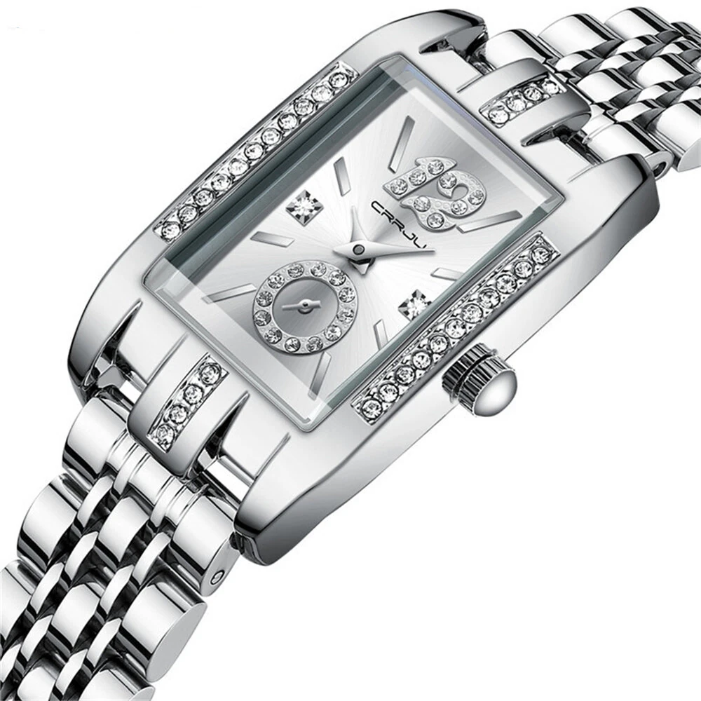 (image for) CRRJU Women's Quartz Watch Elegant Rhinestone Rectangular Dial Waterproof Stainless Steel Strap Luminous Design Perfect for Business and Fashion Use Stylish Women Watch Ideal for Everyday Wea