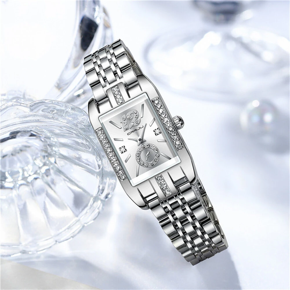 (image for) CRRJU Women's Quartz Watch Elegant Rhinestone Rectangular Dial Waterproof Stainless Steel Strap Luminous Design Perfect for Business and Fashion Use Stylish Women Watch Ideal for Everyday Wea
