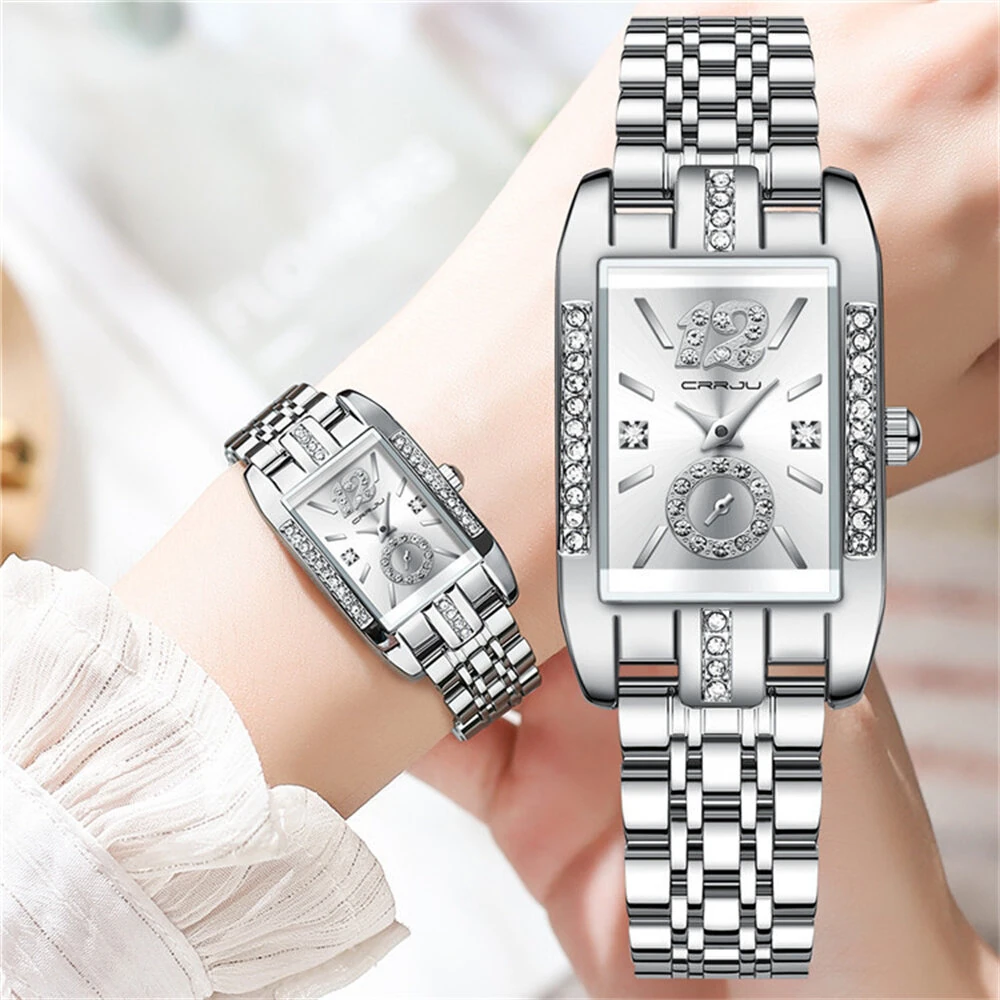 (image for) CRRJU Women's Quartz Watch Elegant Rhinestone Rectangular Dial Waterproof Stainless Steel Strap Luminous Design Perfect for Business and Fashion Use Stylish Women Watch Ideal for Everyday Wea