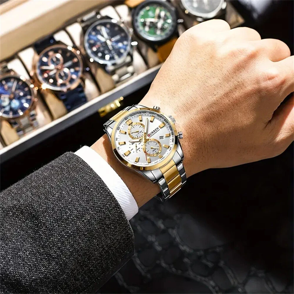 (image for) CURREN Business Men Watch Steel Band Multifunctional Chronograph Wristwatch Waterproof Round Watch, Ideal choice for Gifts