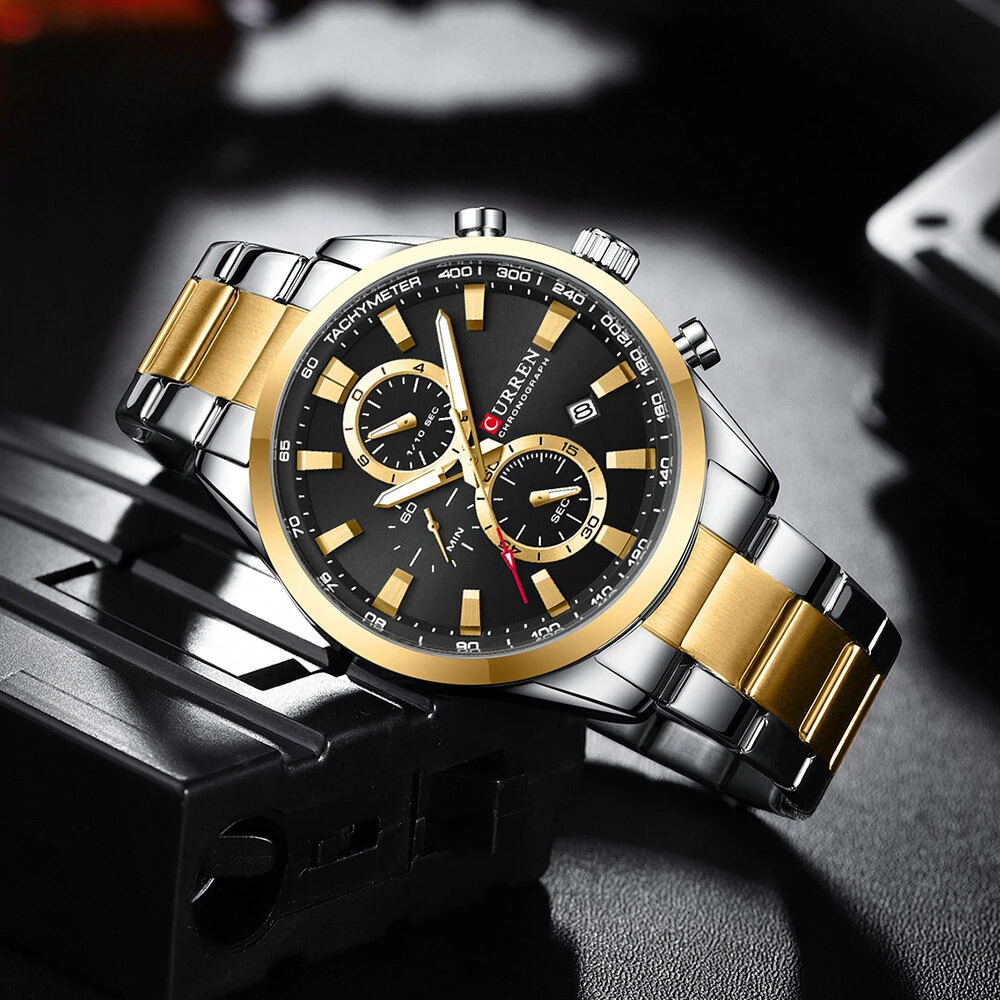 (image for) CURREN Business Men Watch Steel Band Multifunctional Chronograph Wristwatch Waterproof Round Watch, Ideal choice for Gifts