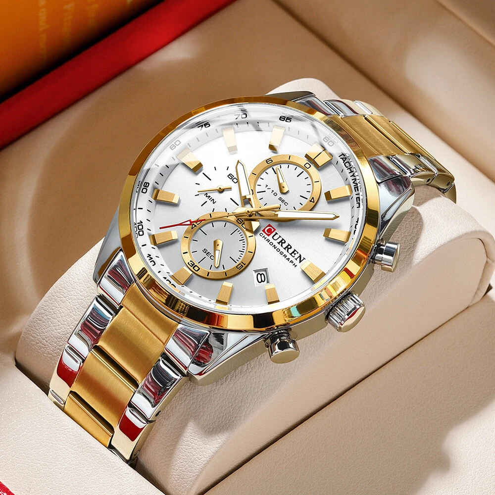 (image for) CURREN Business Men Watch Steel Band Multifunctional Chronograph Wristwatch Waterproof Round Watch, Ideal choice for Gifts
