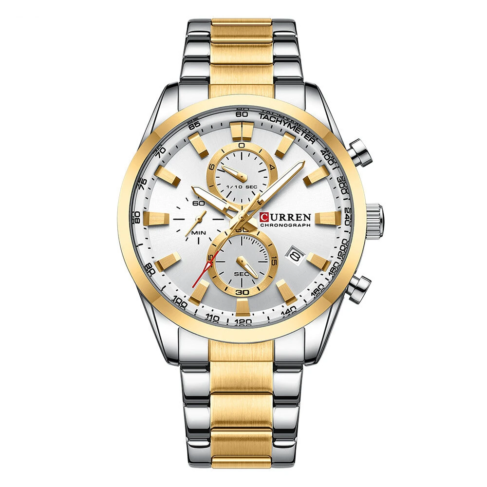 (image for) CURREN Business Men Watch Steel Band Multifunctional Chronograph Wristwatch Waterproof Round Watch, Ideal choice for Gifts