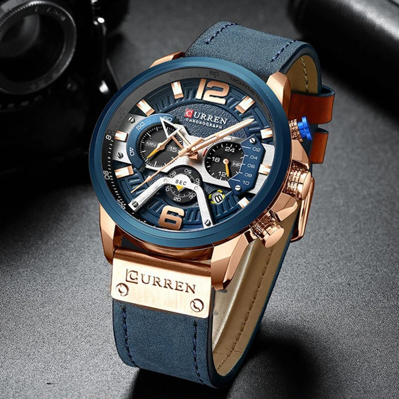 (image for) CURREN Chronograph Men Watch Casual Sports Fashion Calendar Analog Genuine Leather Wrist Watch